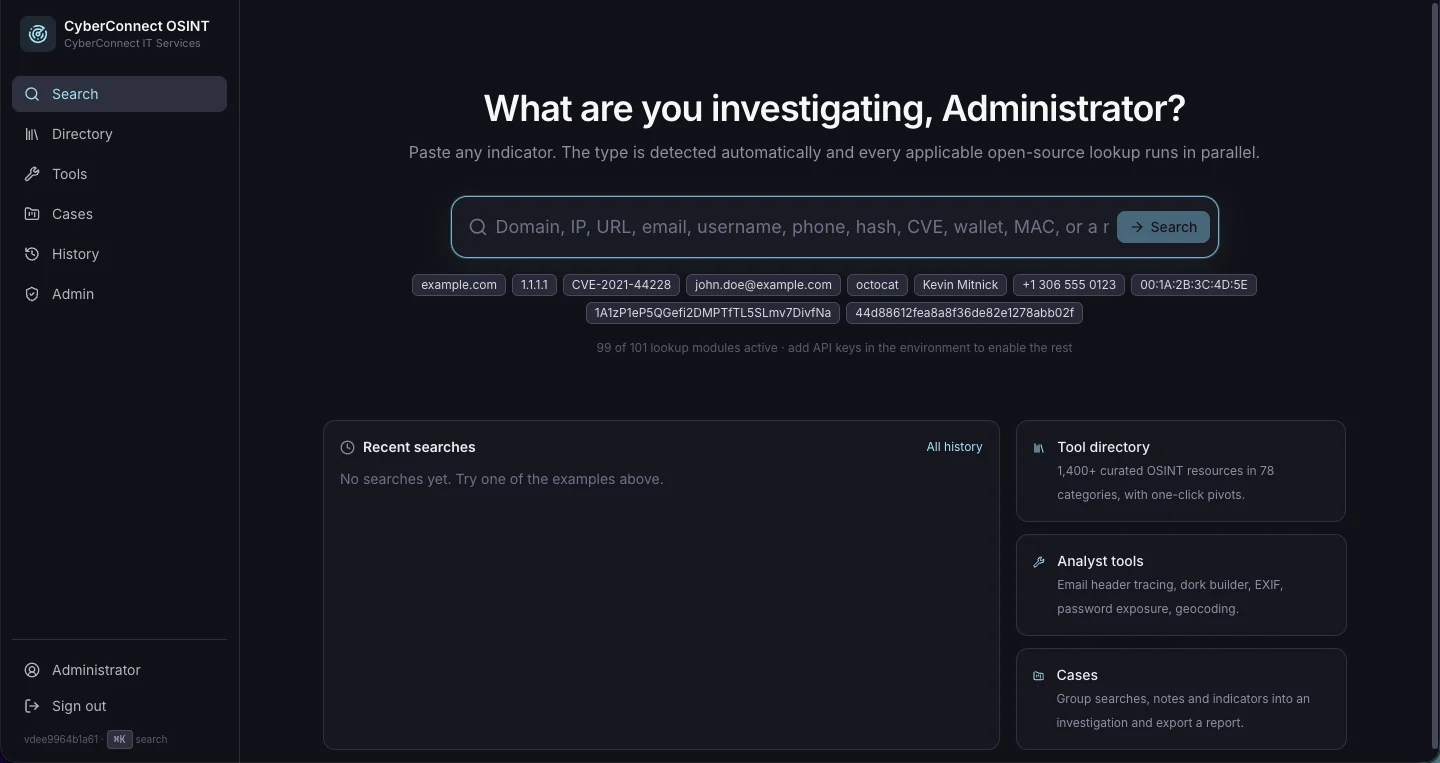 OSINT workbench search screen accepting any indicator type