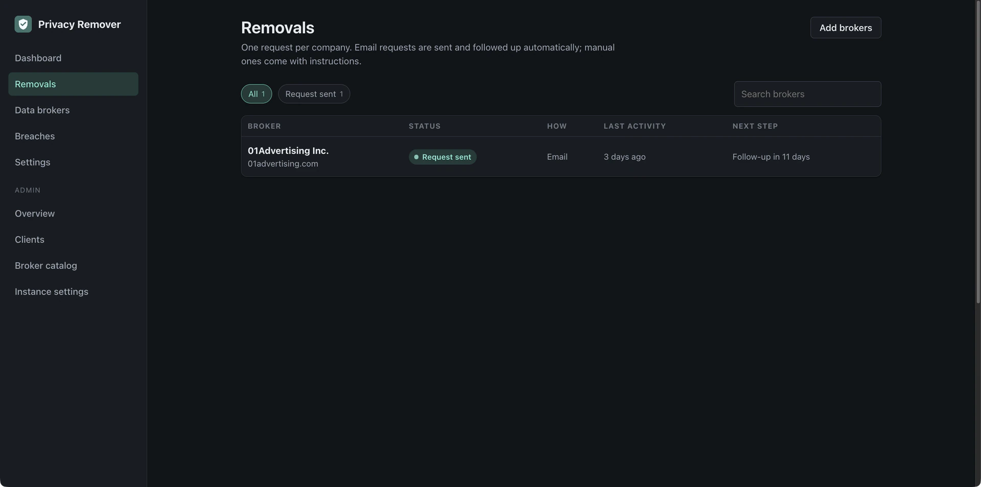 Removal requests list with status and next step per broker