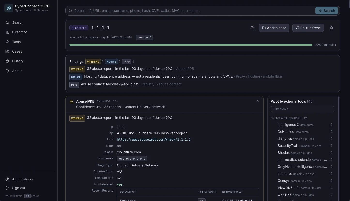 IP address result with abuse reports and network details
