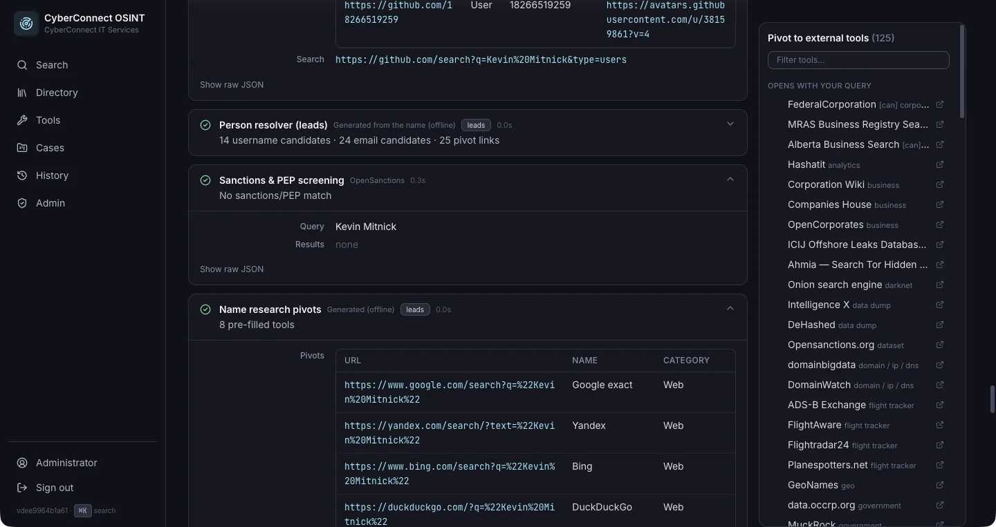 Person resolver generating likely usernames, emails, and search pivots