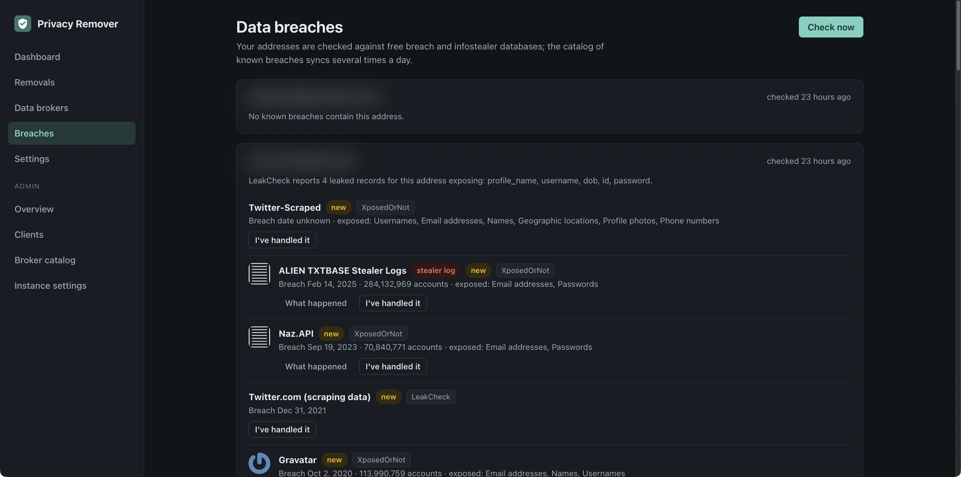 Breach exposures per email address with data types leaked