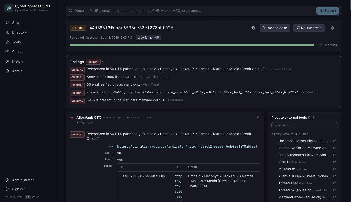 File hash lookup with threat intelligence findings