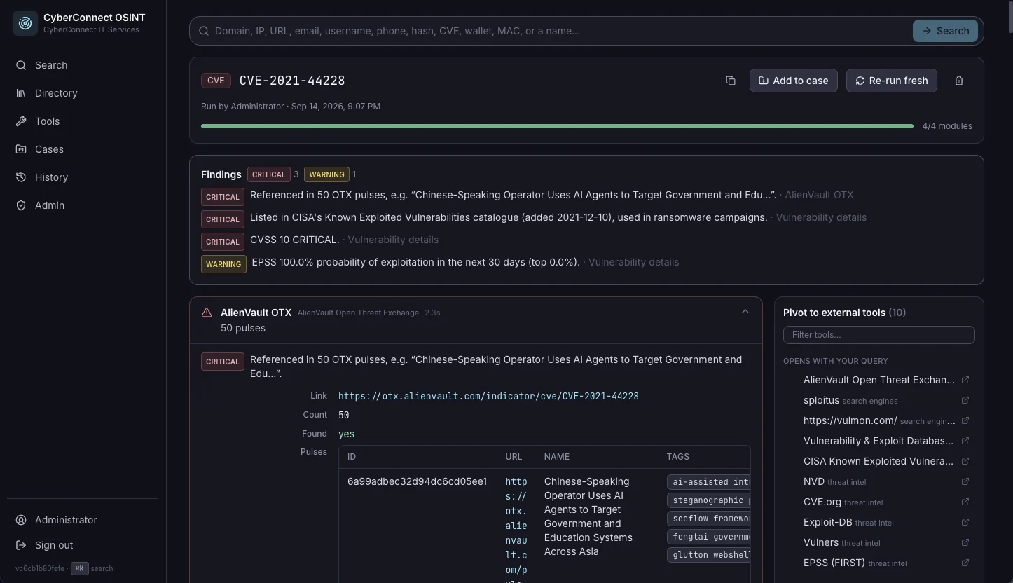 CVE lookup showing exploitation status and severity