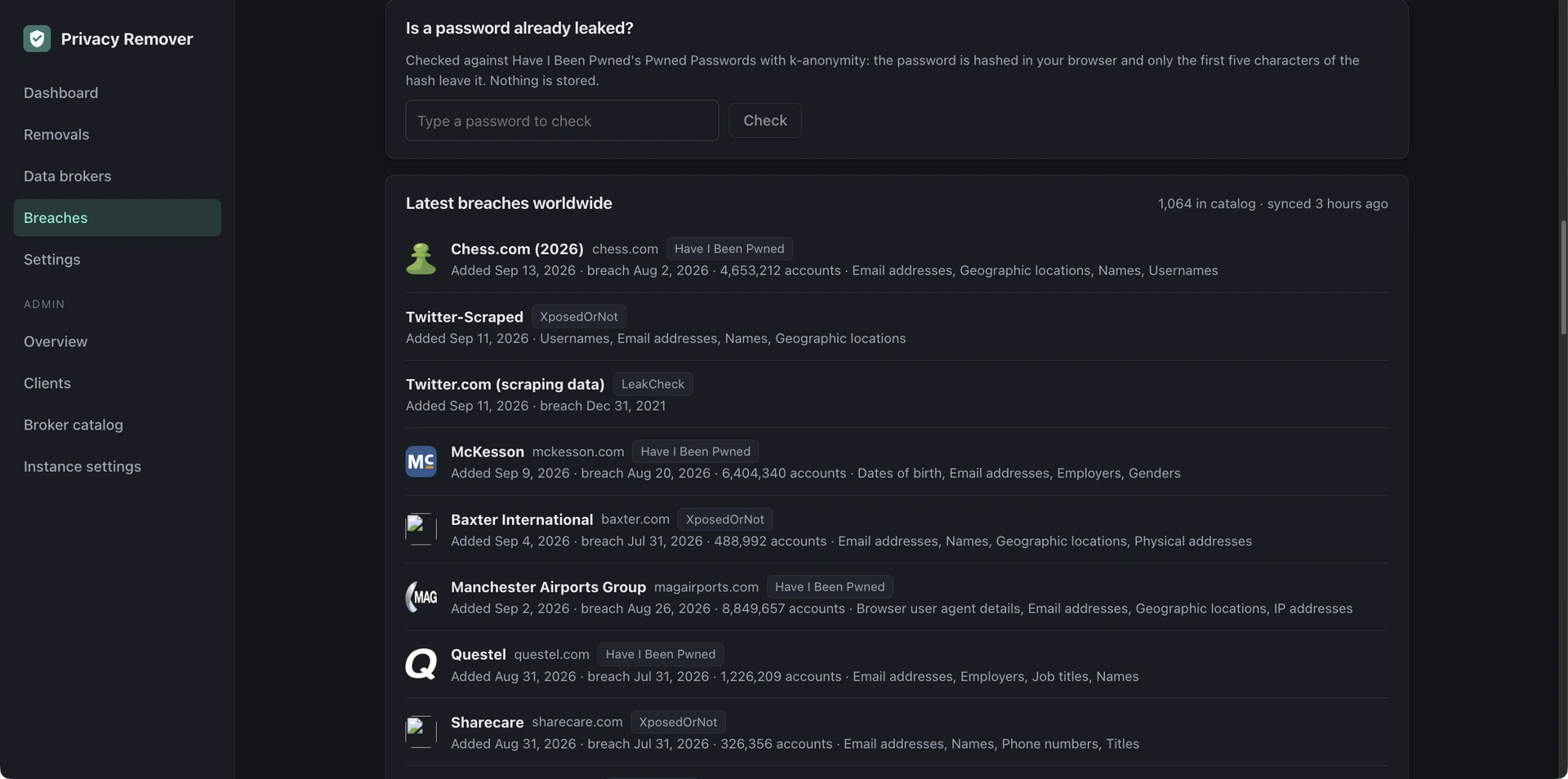 Password exposure check and latest breach catalog