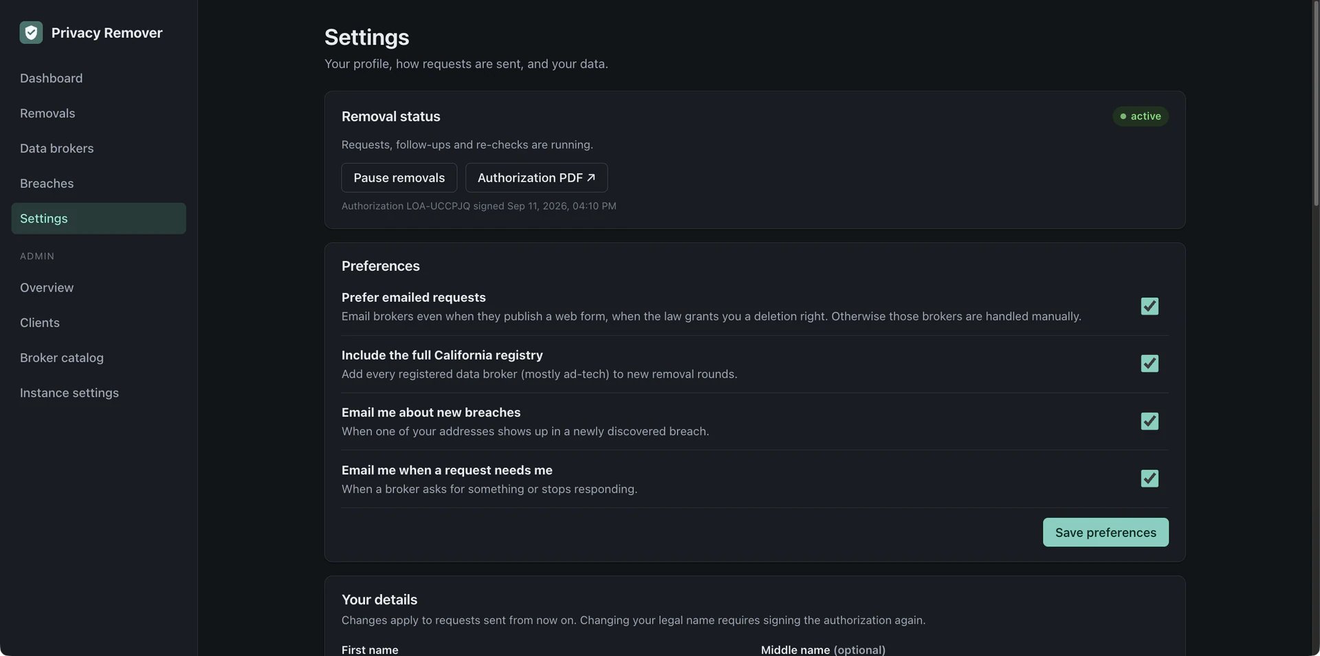 Client settings for notifications and profile details