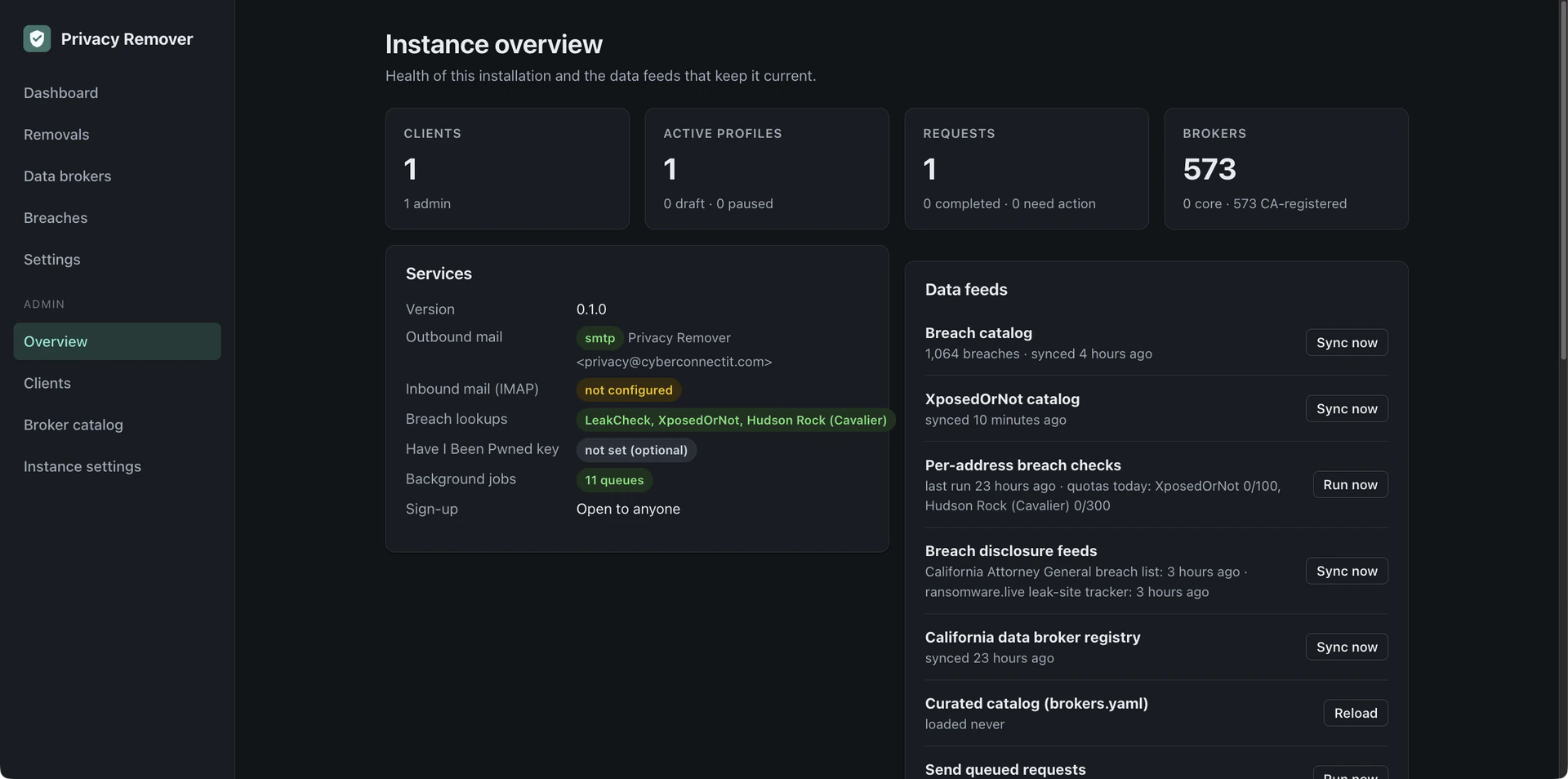 Admin instance overview with services and data feed status