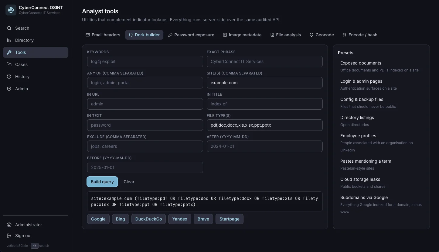 Analyst tools with Google-dork builder and presets