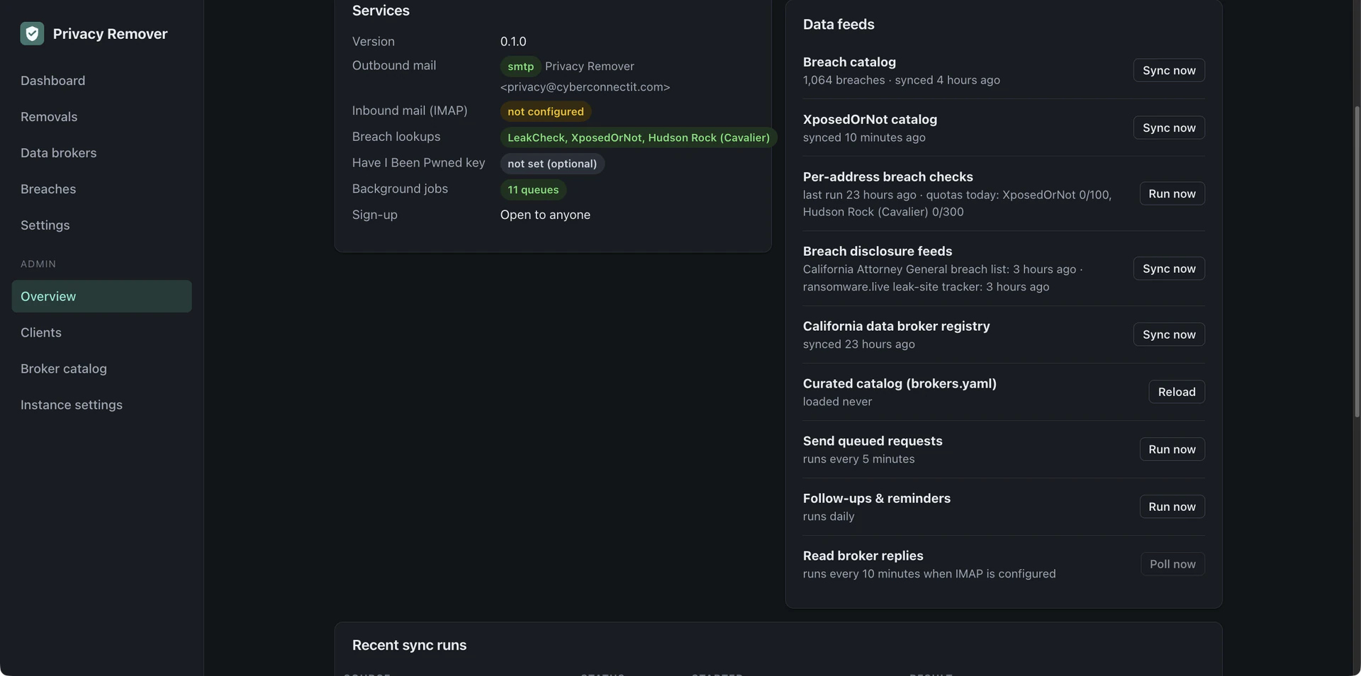Admin data feeds with sync status and scheduled jobs
