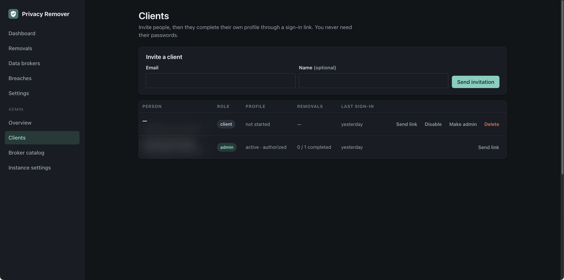 Admin client list with magic-link invitations