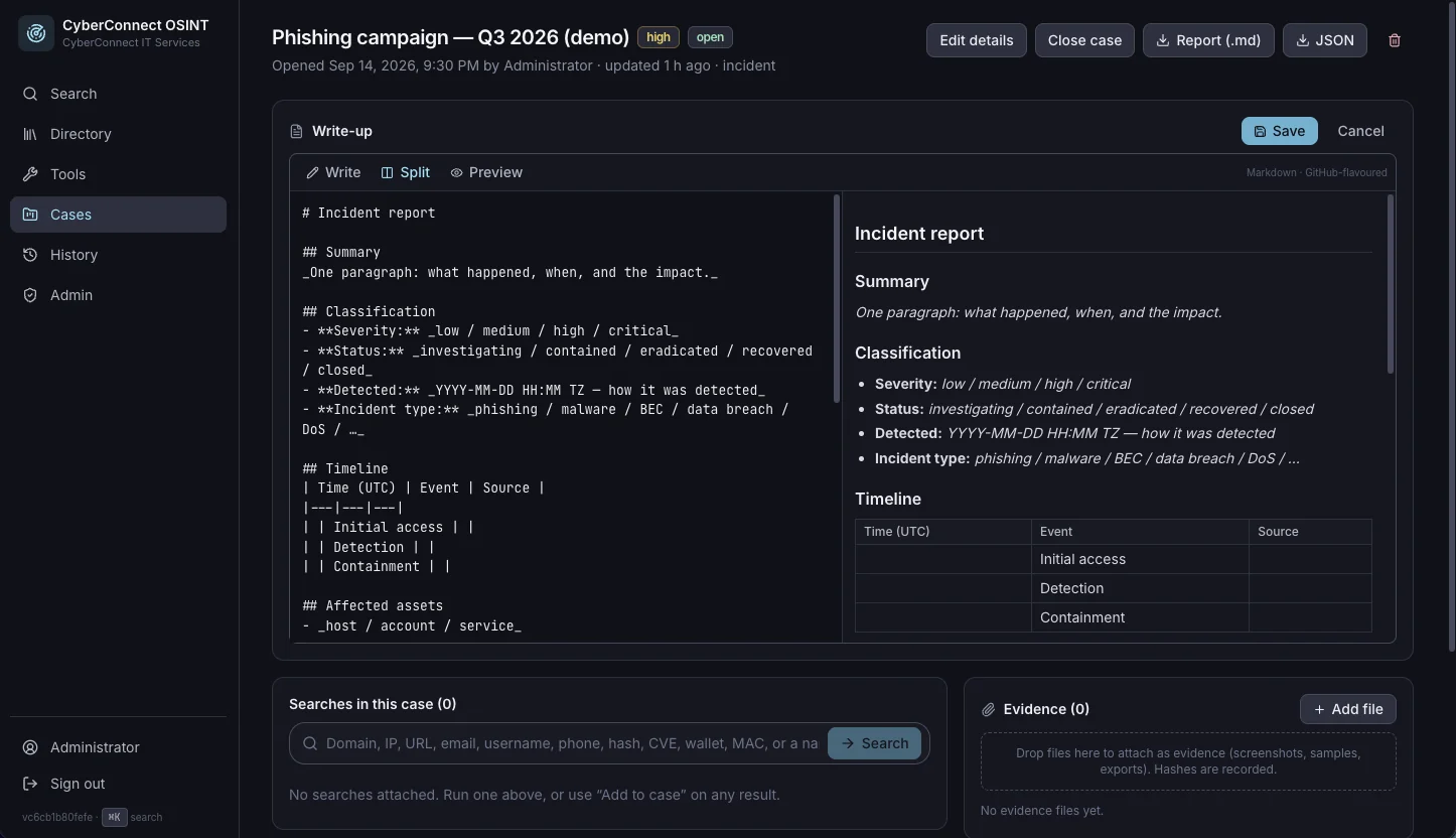 Markdown case editor with live preview and evidence attachments