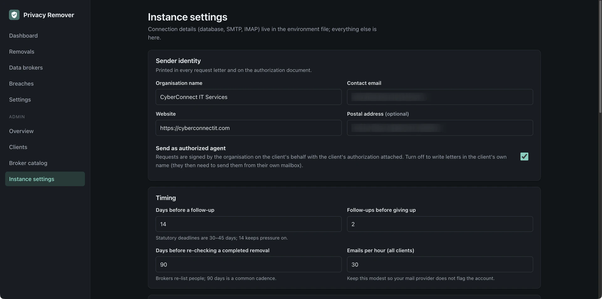 Instance settings for sender identity and follow-up timing