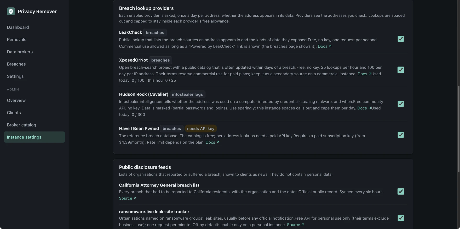 Breach lookup providers that can be toggled by the admin