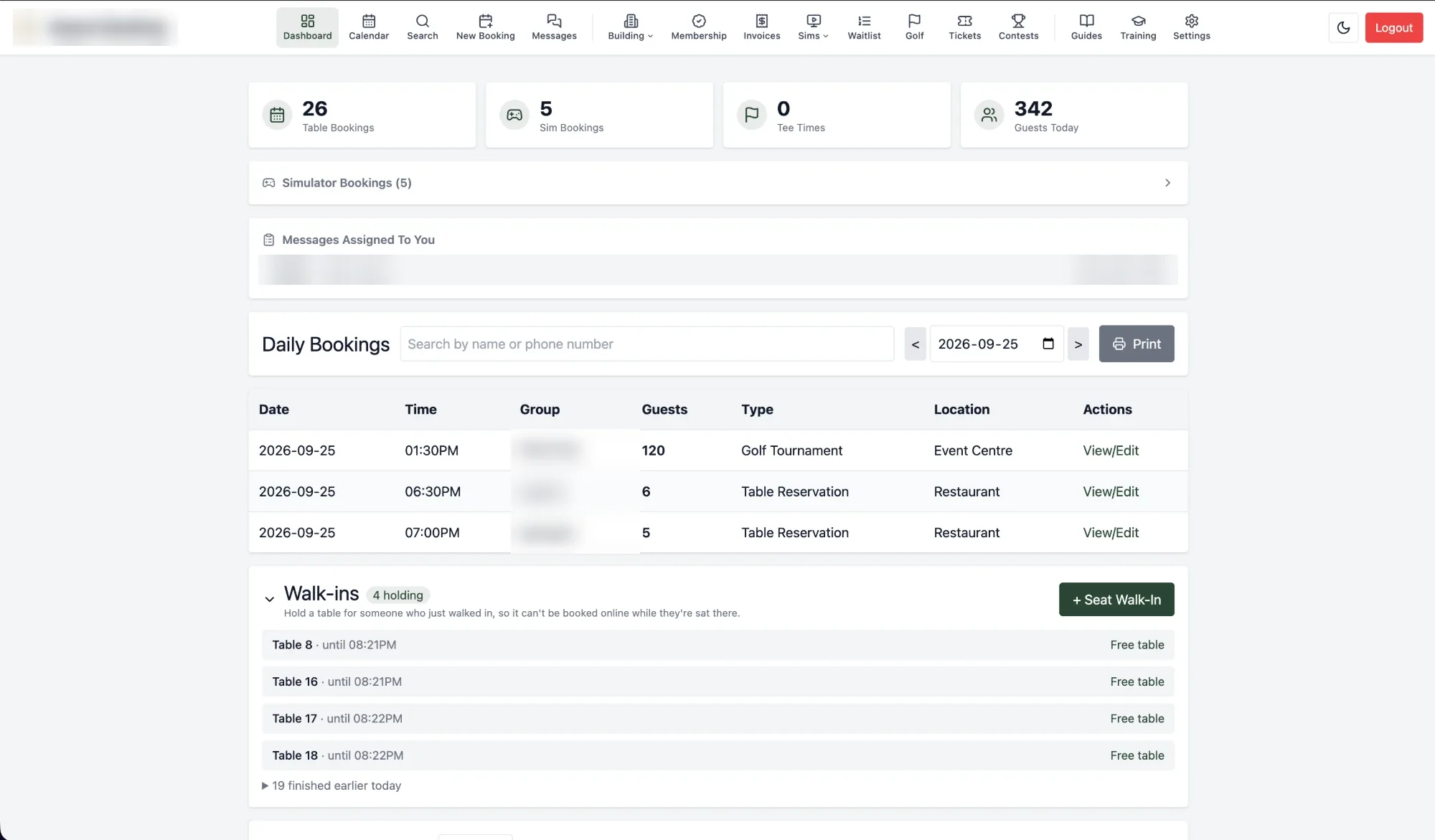 Dashboard: today's table, simulator and tee-time counts, assigned messages, daily bookings, and walk-ins holding tables
