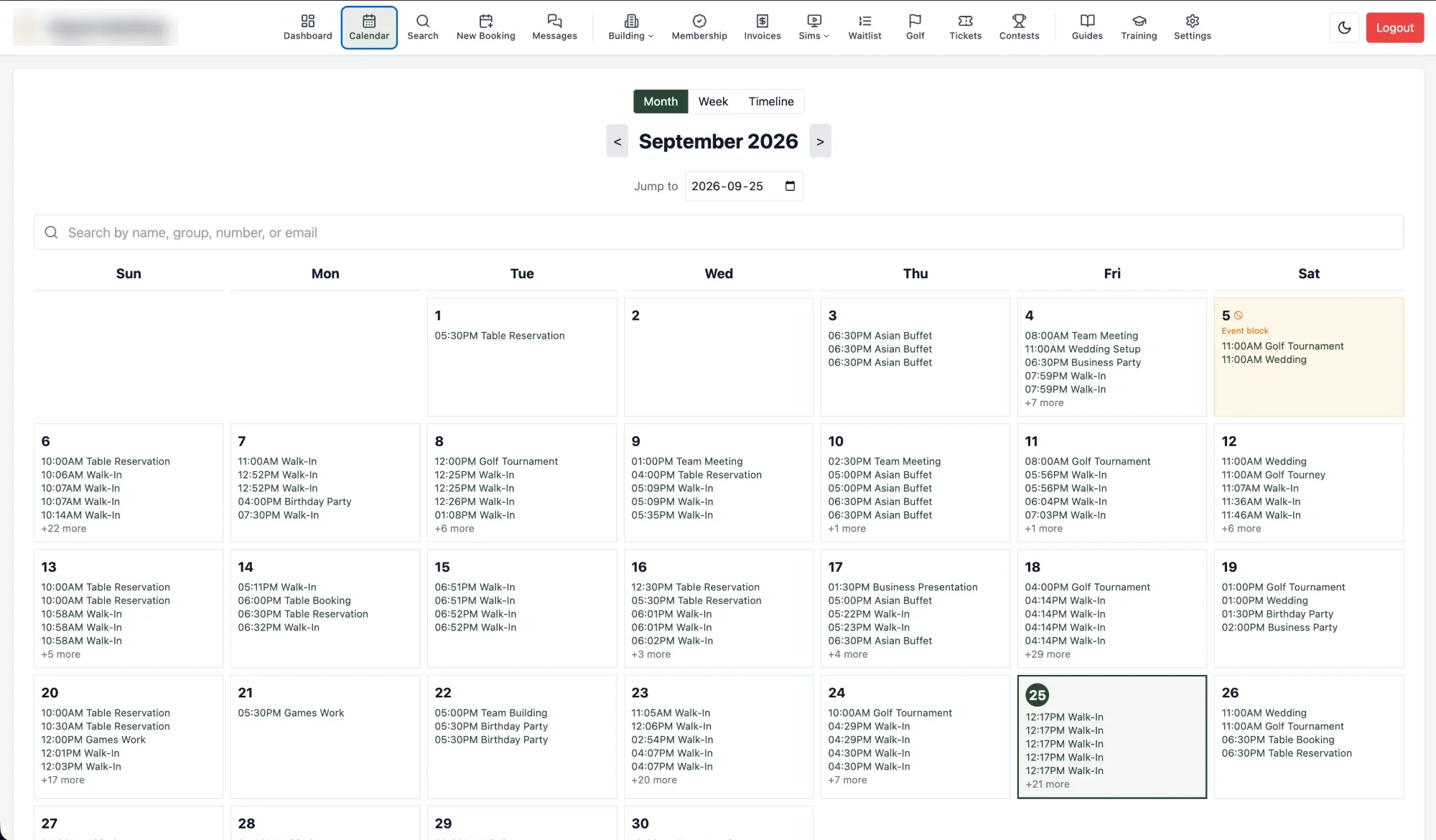 Month calendar with every booking type, walk-ins, and an event block on one grid