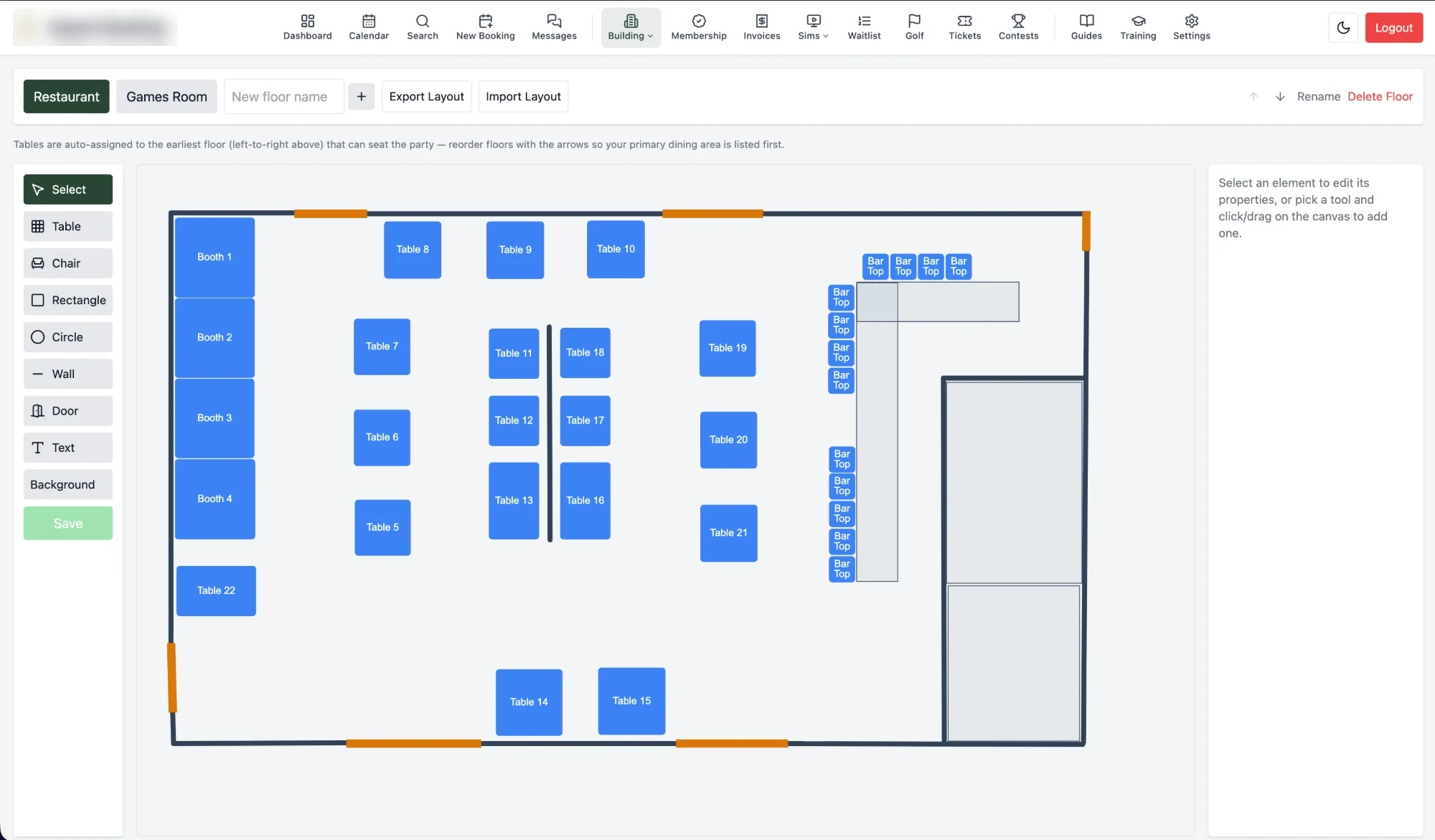 Multi-floor layout editor with booths, tables, bar tops, walls and doors