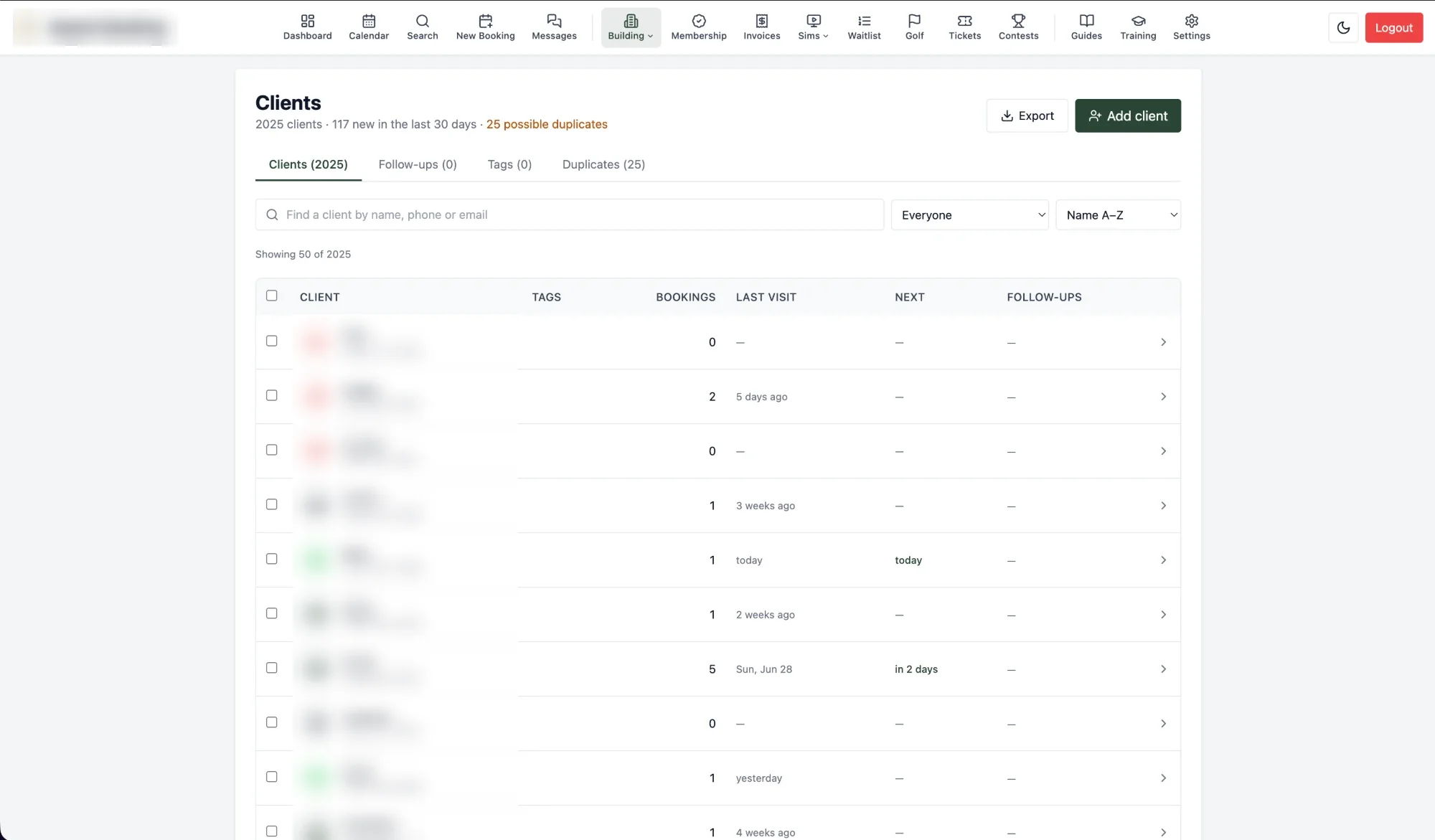 Client CRM: 2,000+ clients with bookings, last visit, follow-ups and duplicate detection
