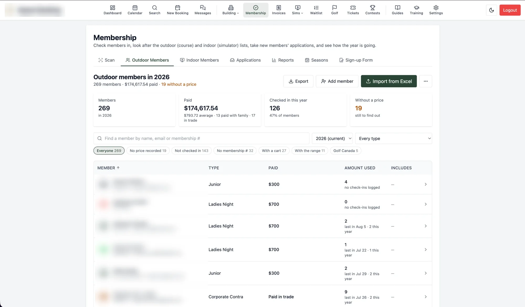 Outdoor membership list with paid totals, check-ins, and Excel import