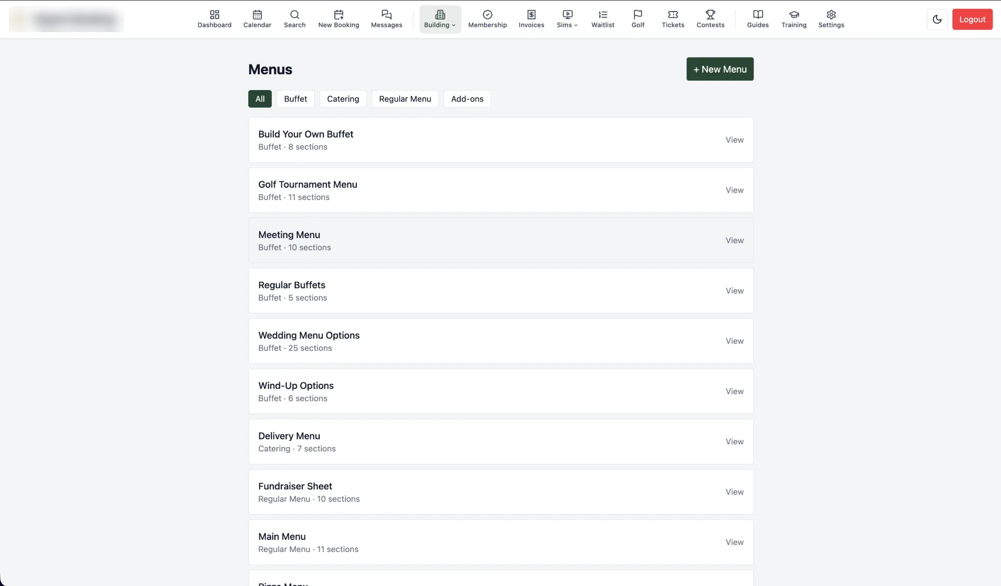 Menus library: buffet, catering, regular and add-on menus