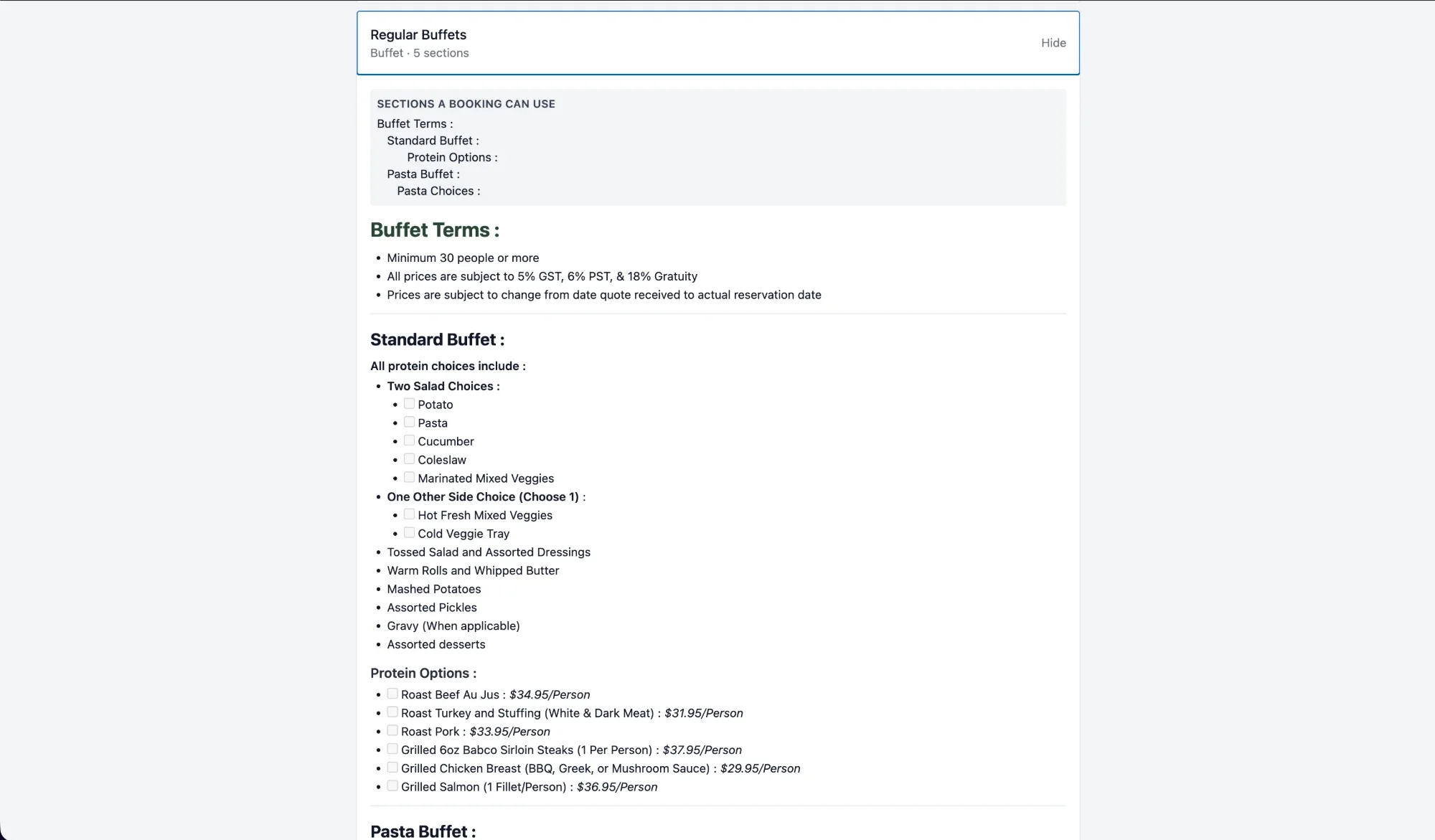 A buffet menu with selectable sections and per-person protein pricing