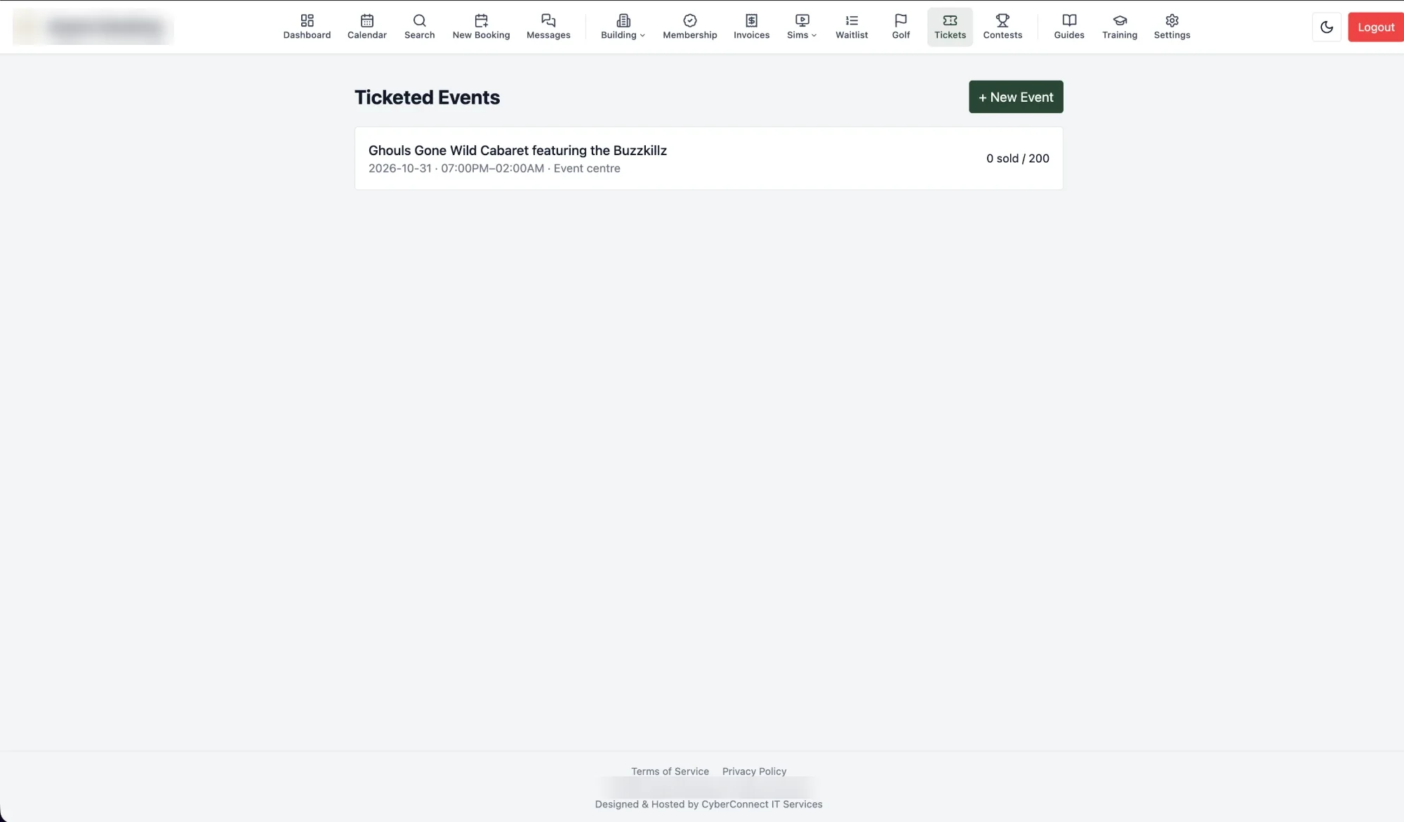 Ticketed events list with sold and capacity per event