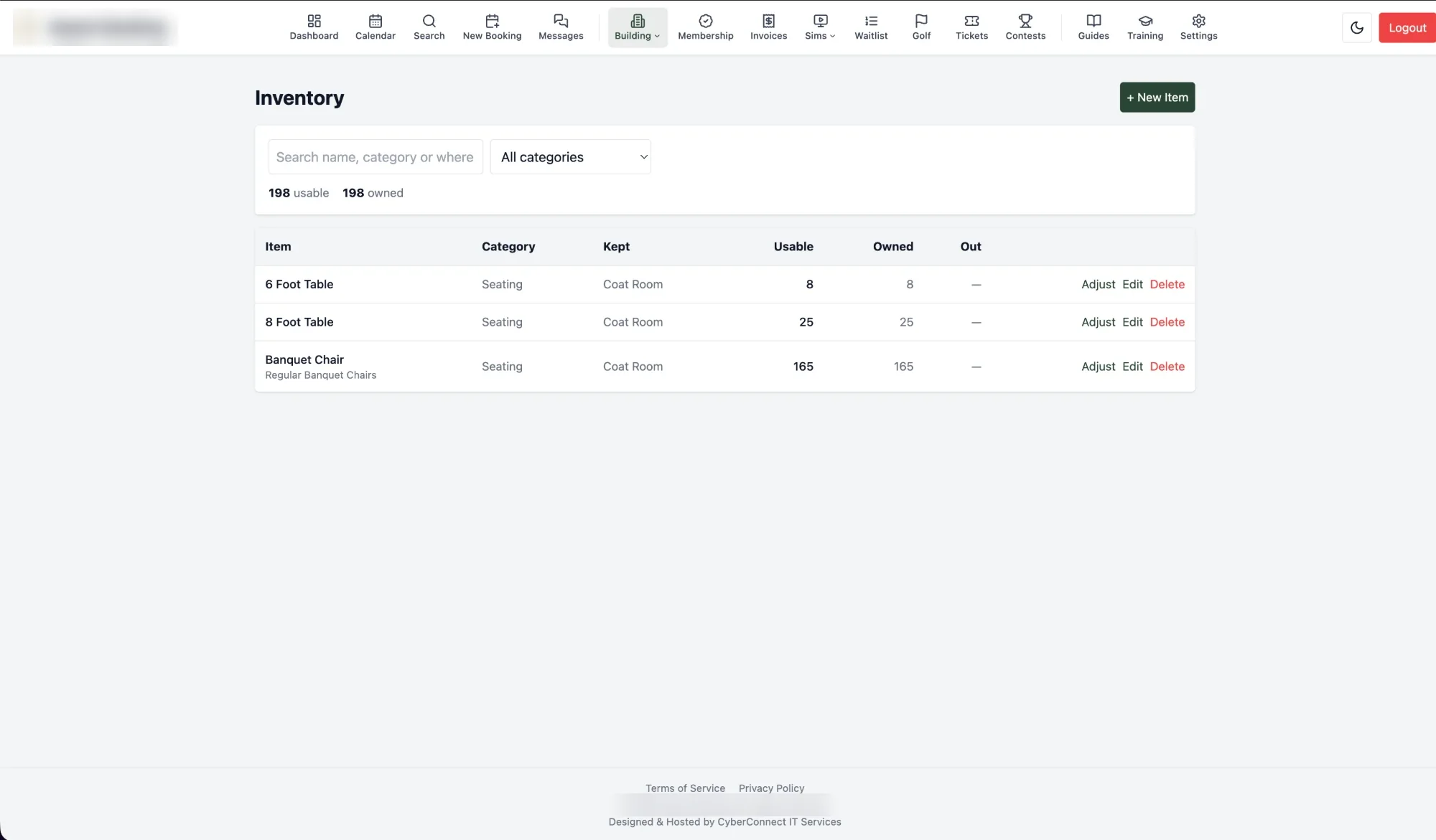 Inventory of tables and chairs with usable, owned and out-of-service counts