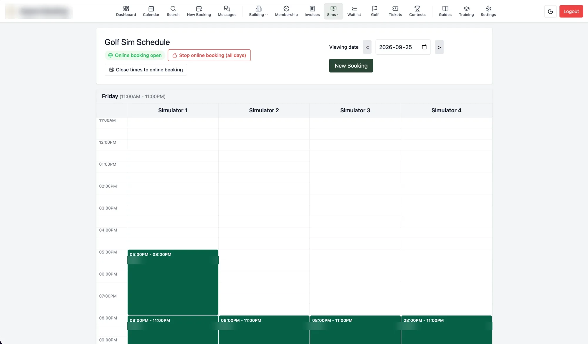 Golf simulator schedule with online booking that can be closed and reopened