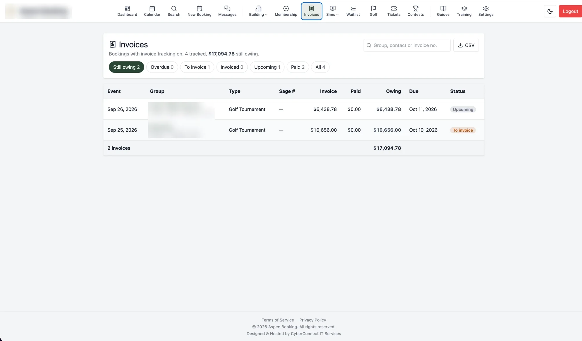 Invoices page: what each event still owes and how overdue it is