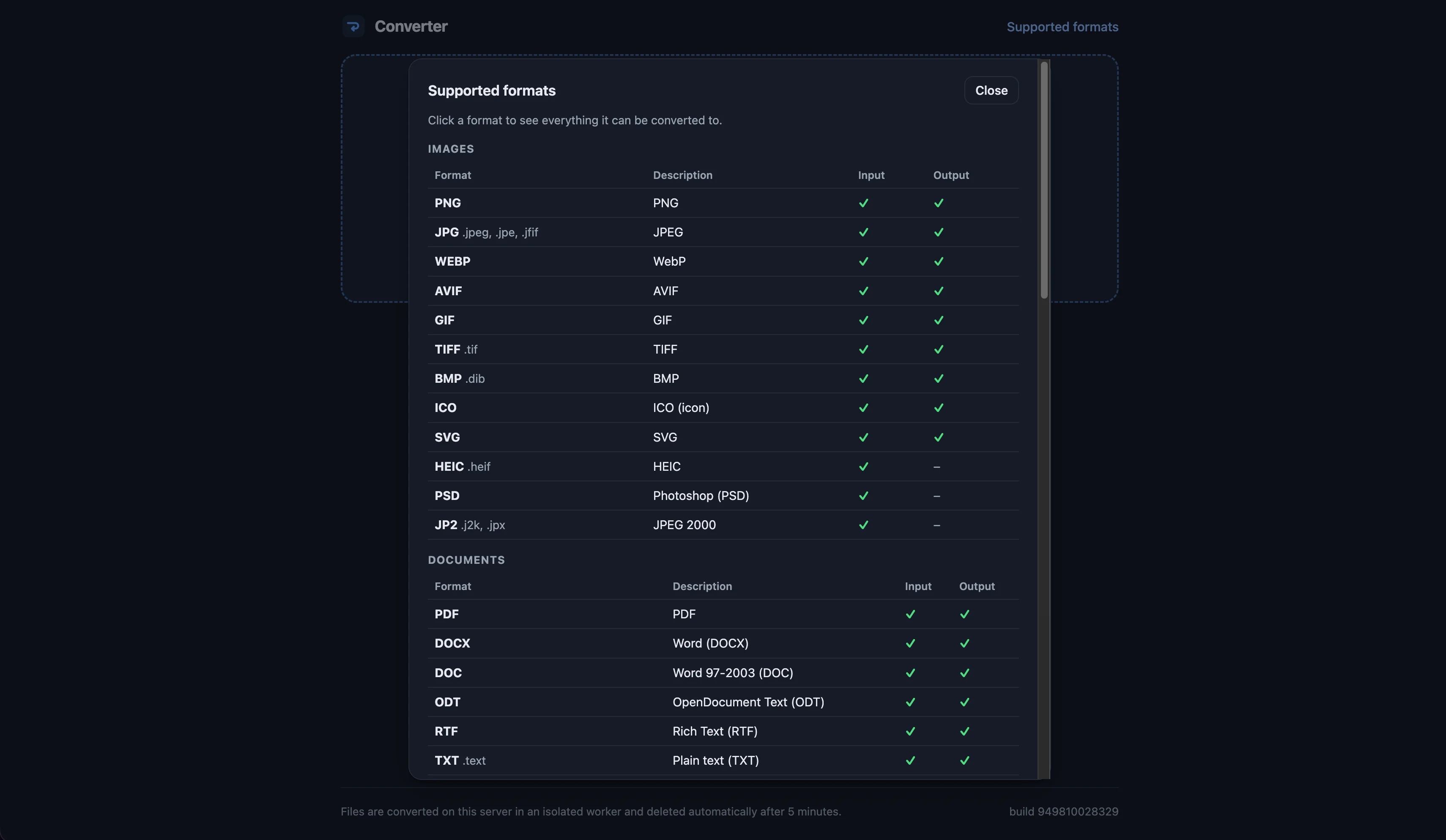 Supported formats reference: images and documents, input and output