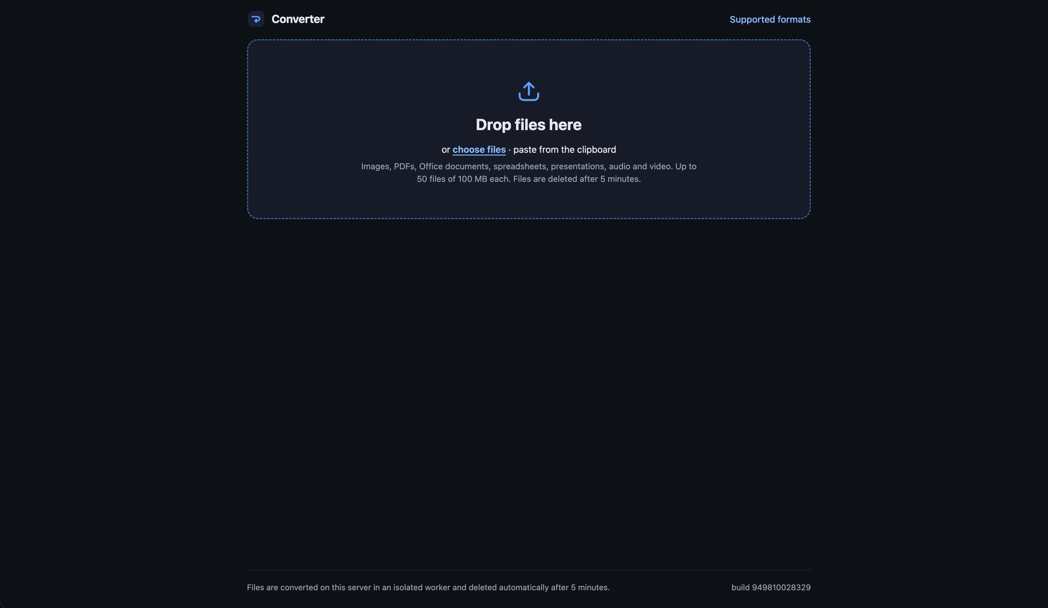 Converter drop zone: drag files in, choose them, or paste from the clipboard