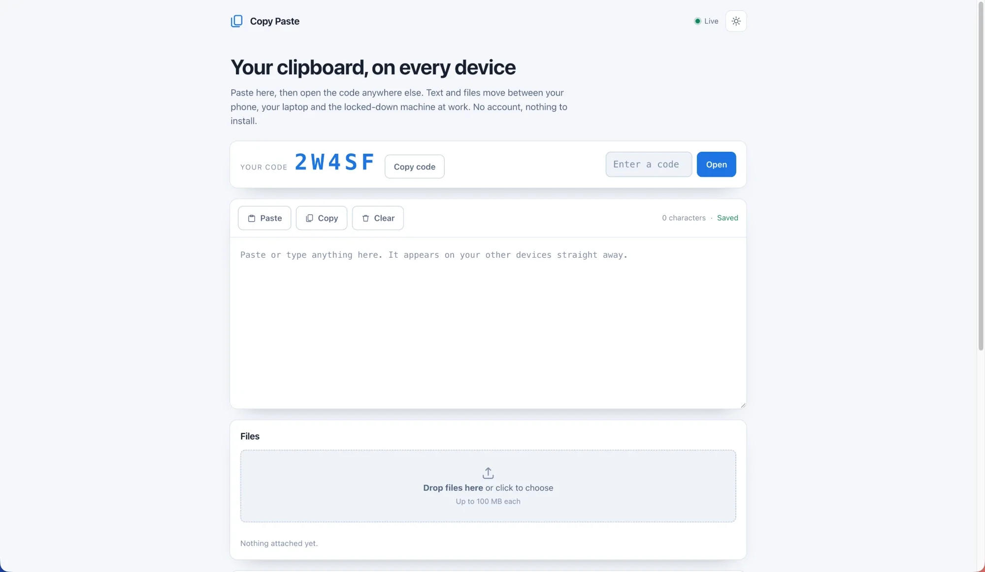 Copy Paste: your five-character code, a text area that syncs live, and a file drop zone