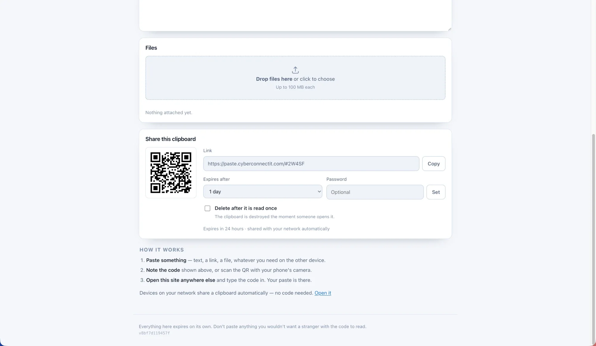 Share panel with the link, QR code, expiry, optional password, and burn-after-reading