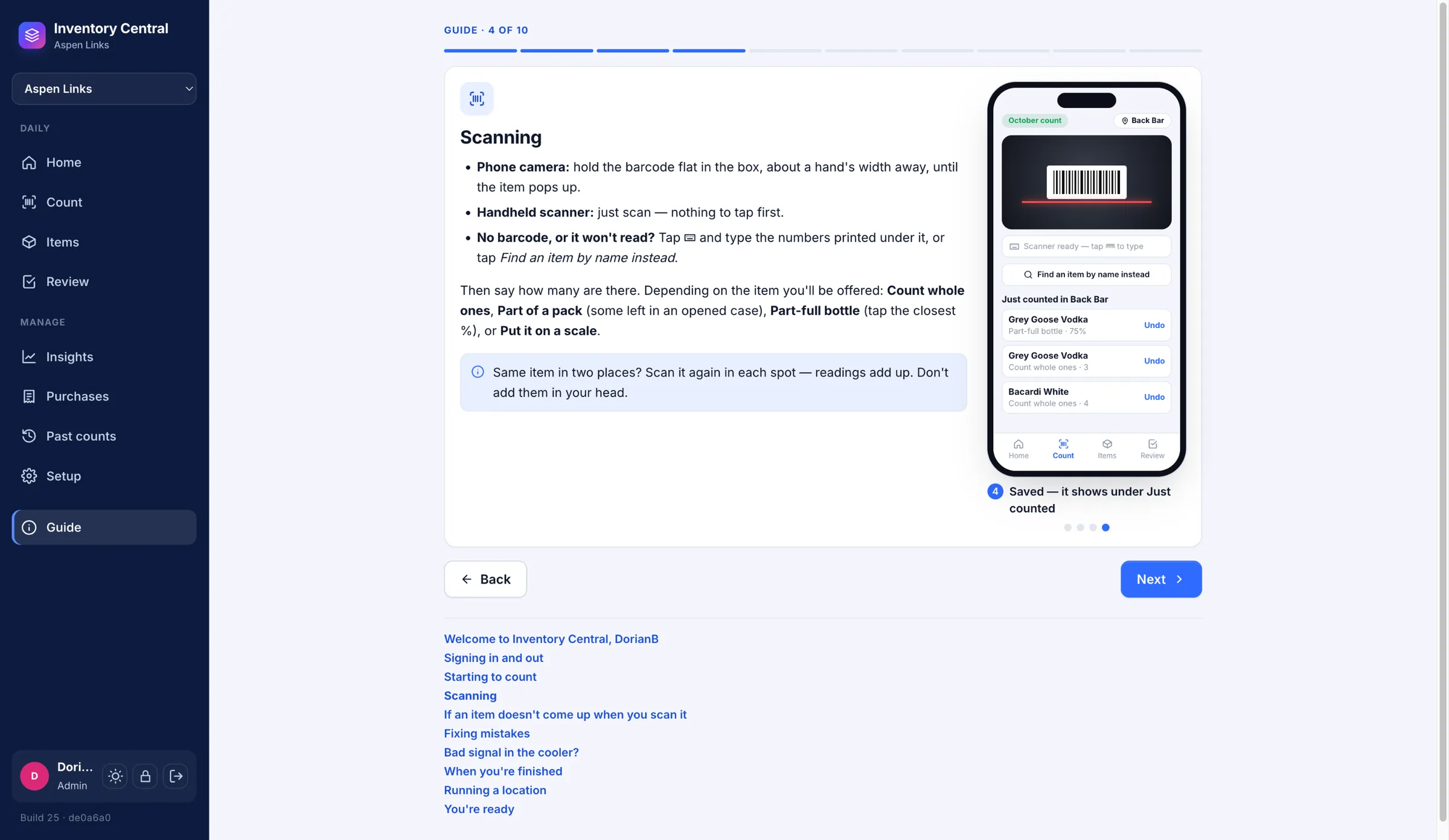 First-run guide: an animated phone walks new staff through scanning, step by step