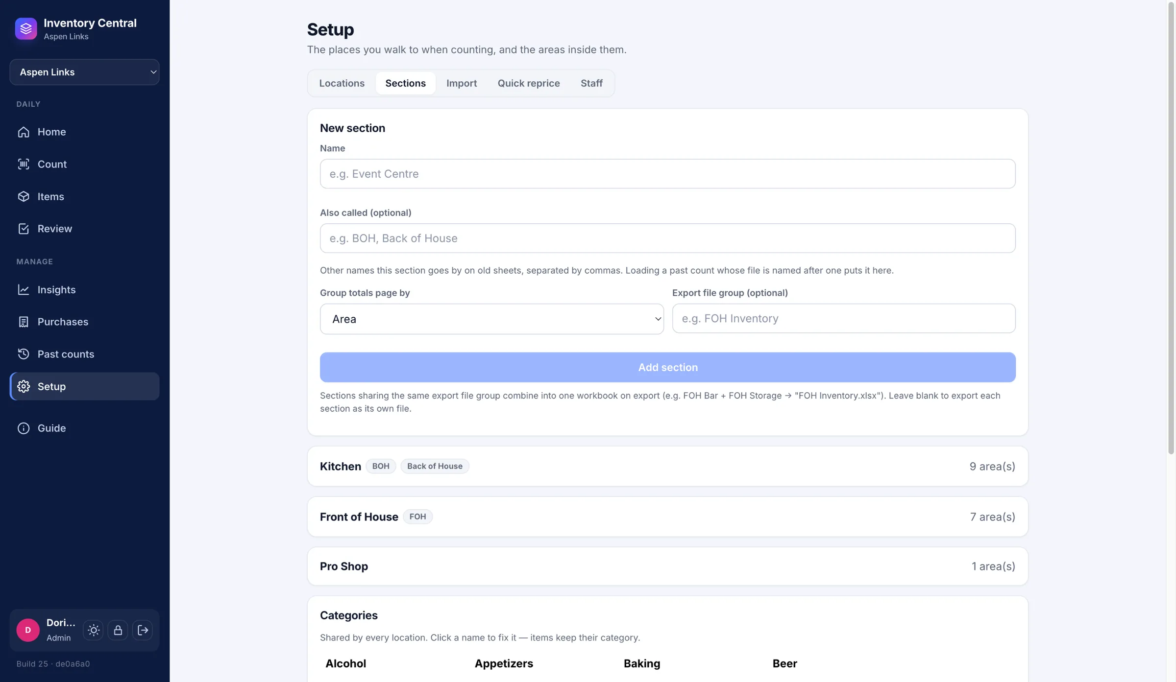 Setup: sections with their nicknames from old sheets, and export file groups