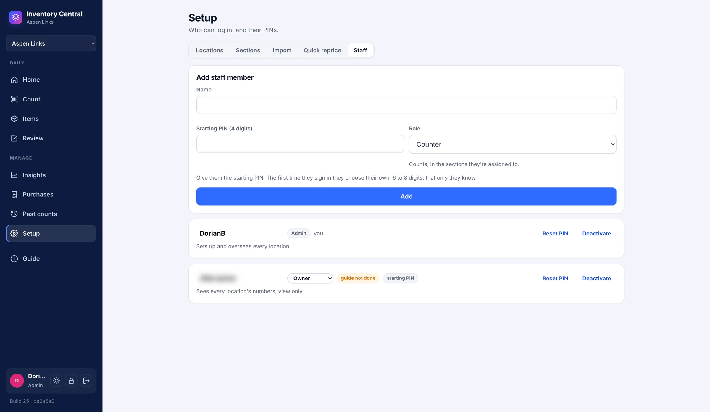 Staff setup: roles, starting PINs, and a view-only owner account