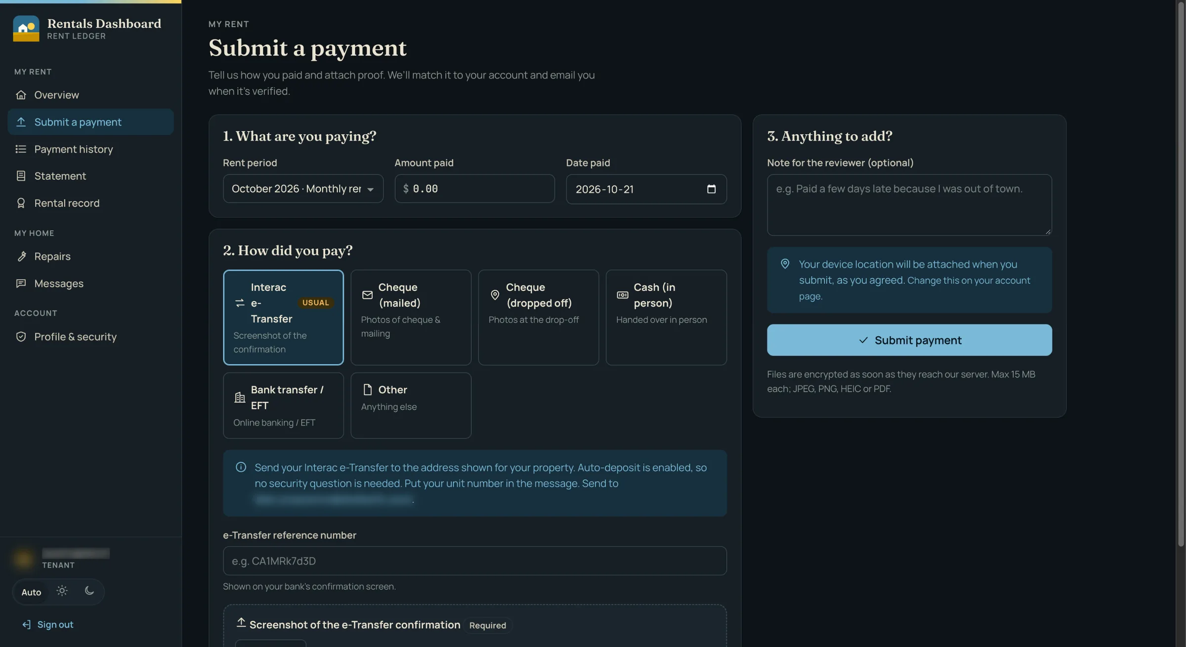 Tenant view: submitting rent with proof that fits how it was paid
