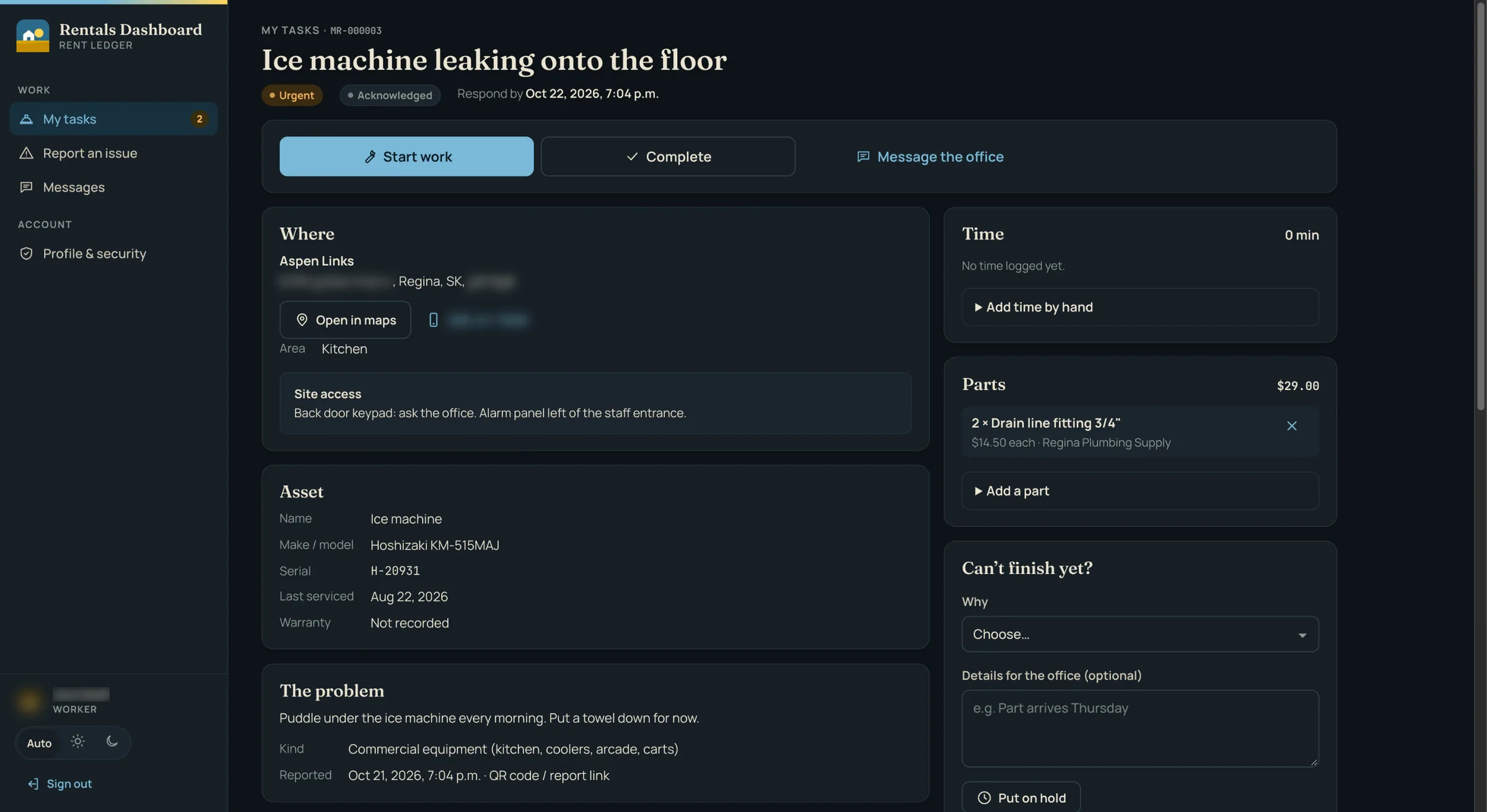 Maintenance worker's task: where to go, site access, the equipment, parts used and time logged