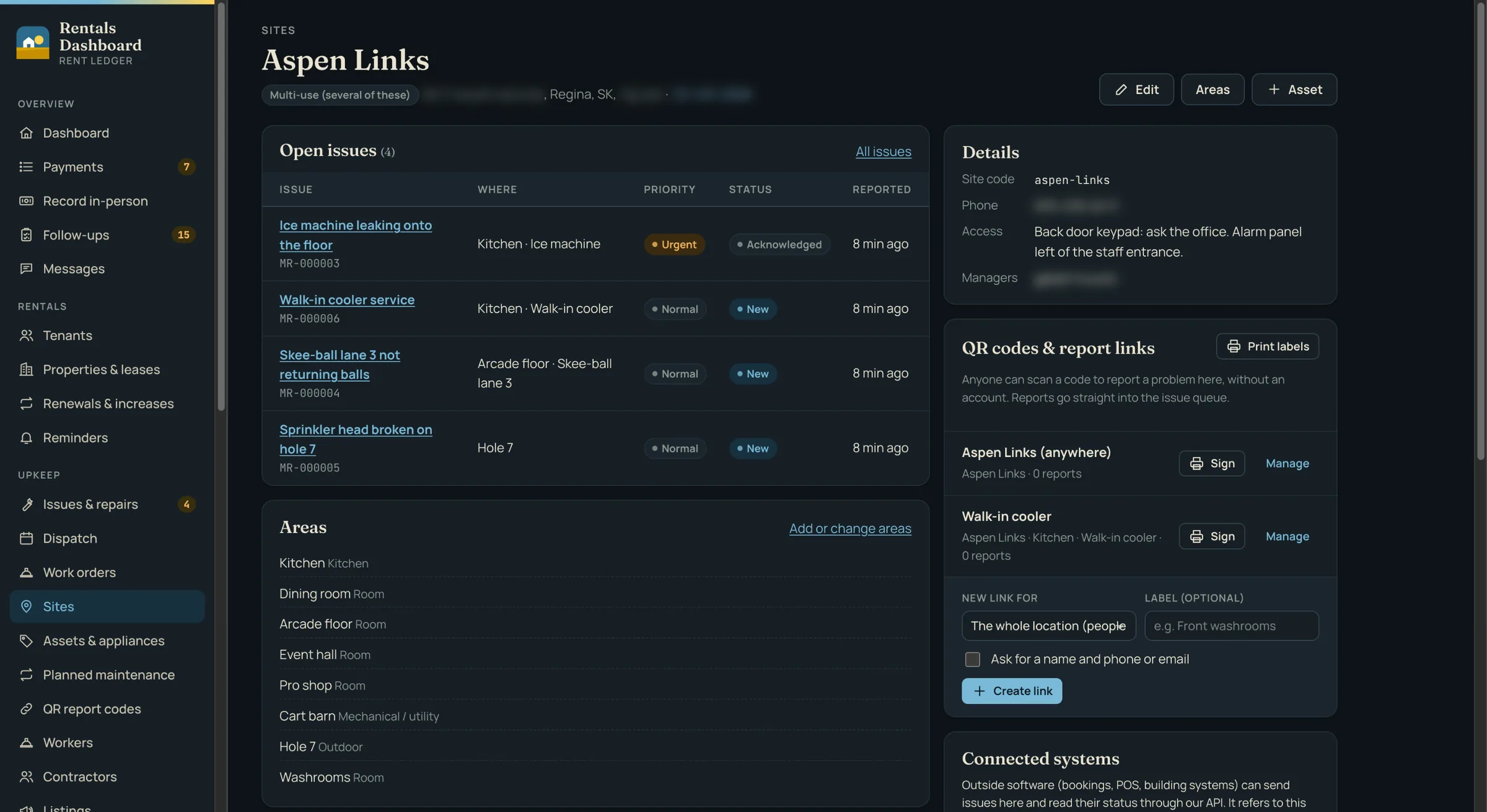 A maintained site with its open issues, areas and QR report codes