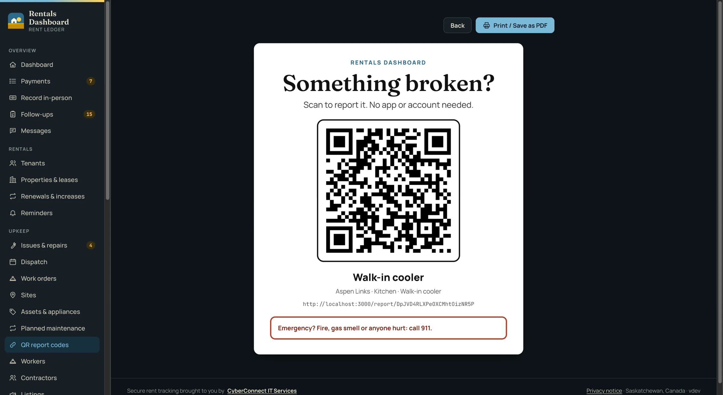 Printable QR sign: anyone can scan it to report a problem without an account