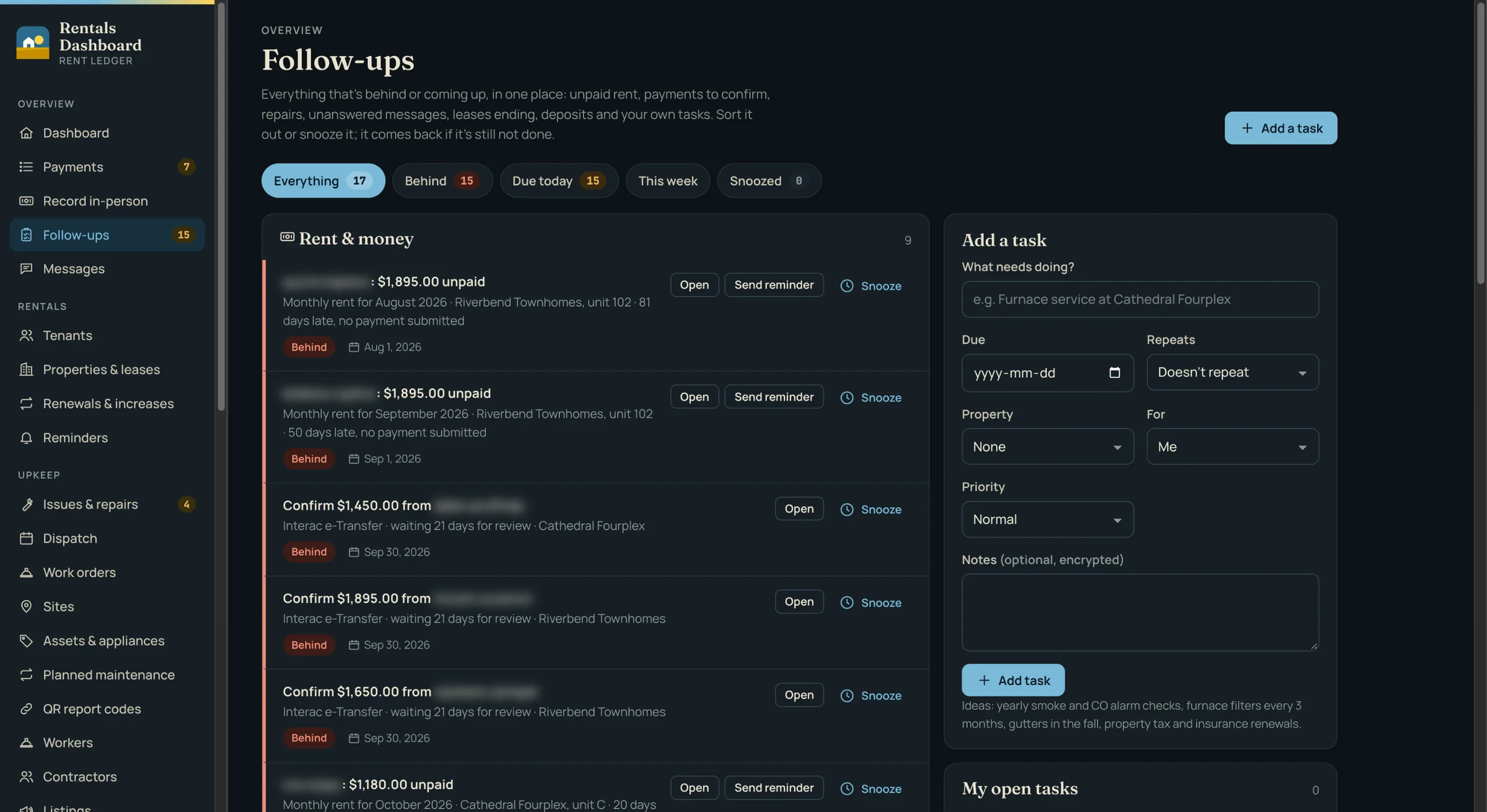 Follow-ups: unpaid rent, payments waiting for review and everything else that's behind, in one list