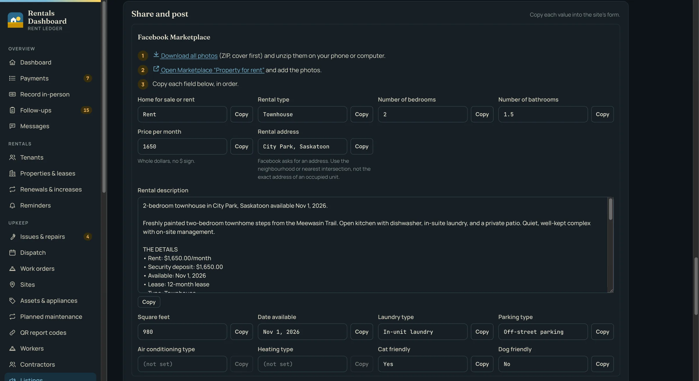 Vacancy ad laid out field by field for Facebook Marketplace, with copy buttons